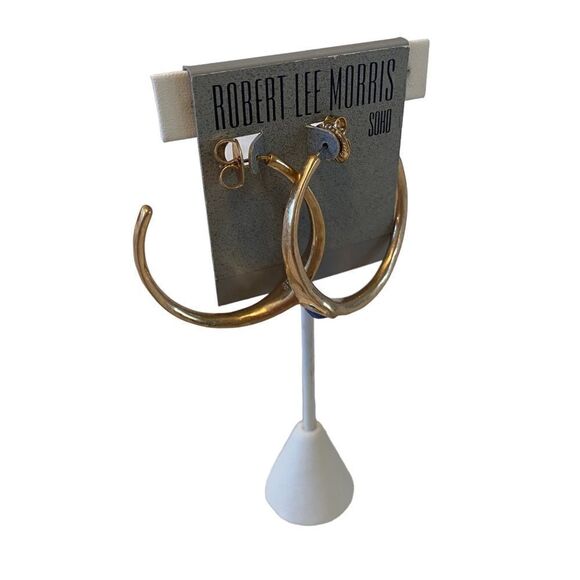 Robert Lee Morris Hammered Gold Toned Hoops w/ Royal Blue Faceted Stone. - Picture 3 of 7